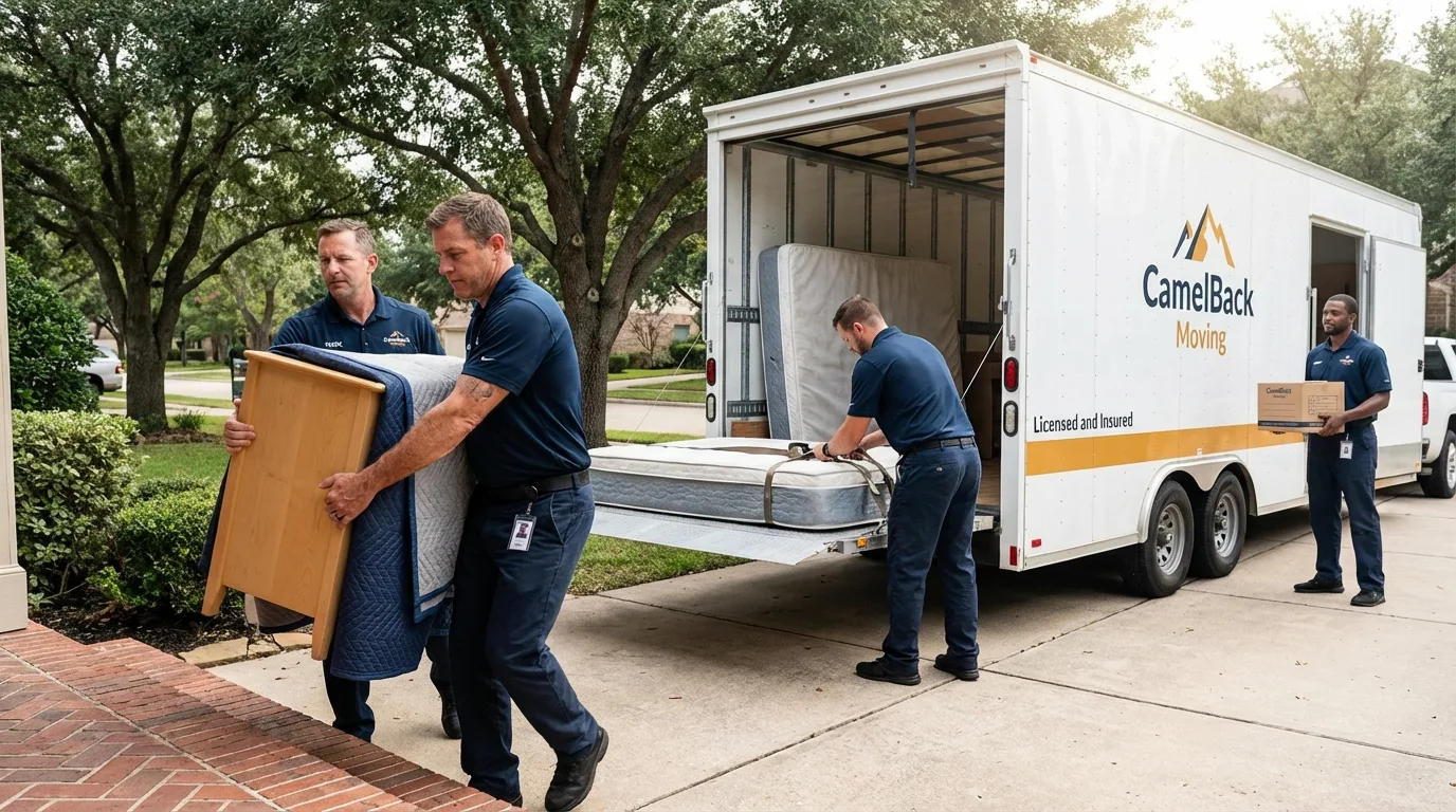 Crew loading residential truck for cross-state move from De Leon Springs, FL