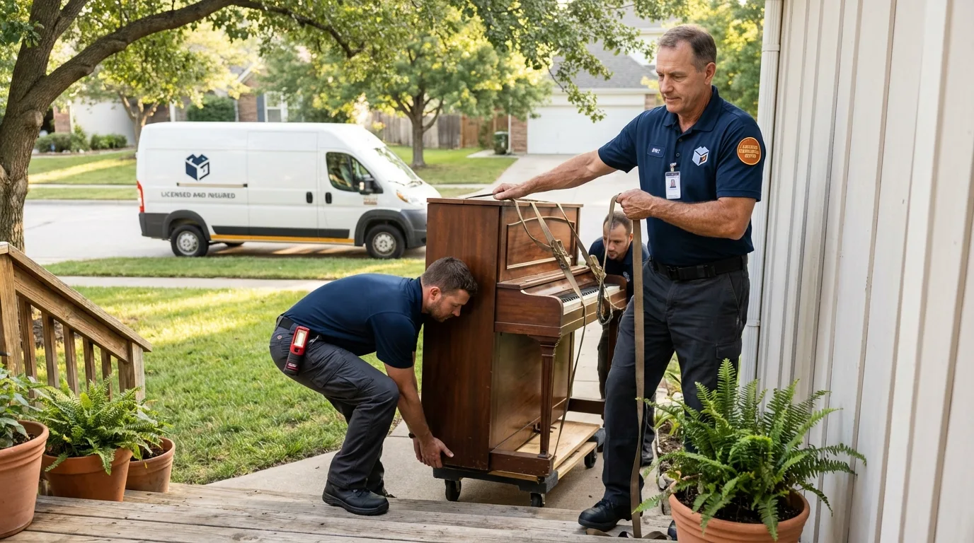 Licensed piano movers securing grand piano in De Leon Springs, FL