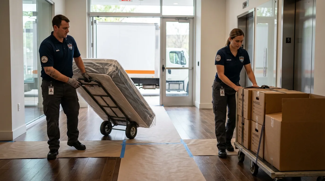 Professional apartment movers loading elevator in De Leon Springs, FL