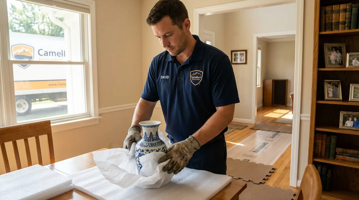 Professional crew carefully wrapping antique vase for senior downsizing move in De Leon Springs, FL